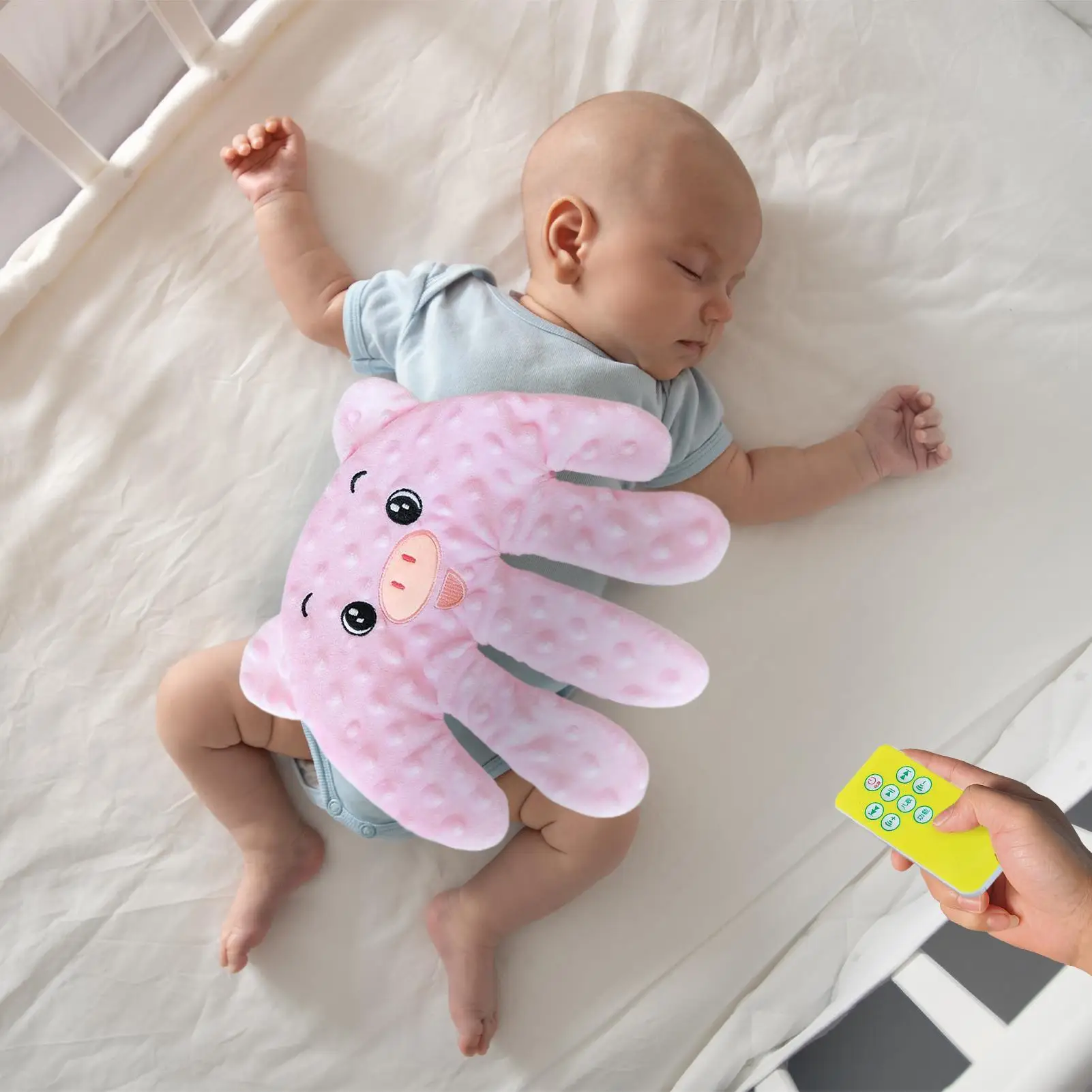 赤ちゃんの睡眠パッティング枕、なだめるような手のひらリモコン付き電動ベビーハンドピロー、幼児用なだめる人形の手のひらパッティング