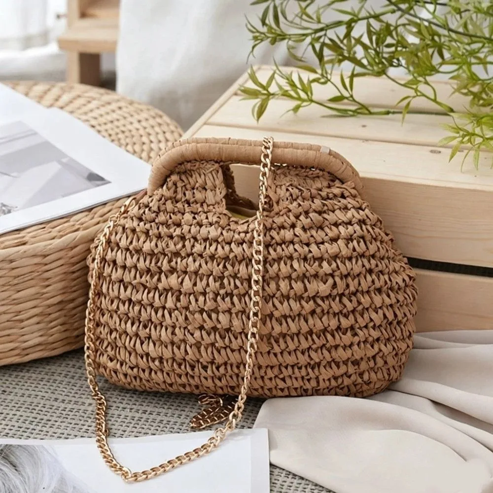 Trendy Summer Straw Weaving Shoulder Bag Boho Leisure Crossbody Bag Casual Beach Woven Clutch Bags for Ladies/Girls