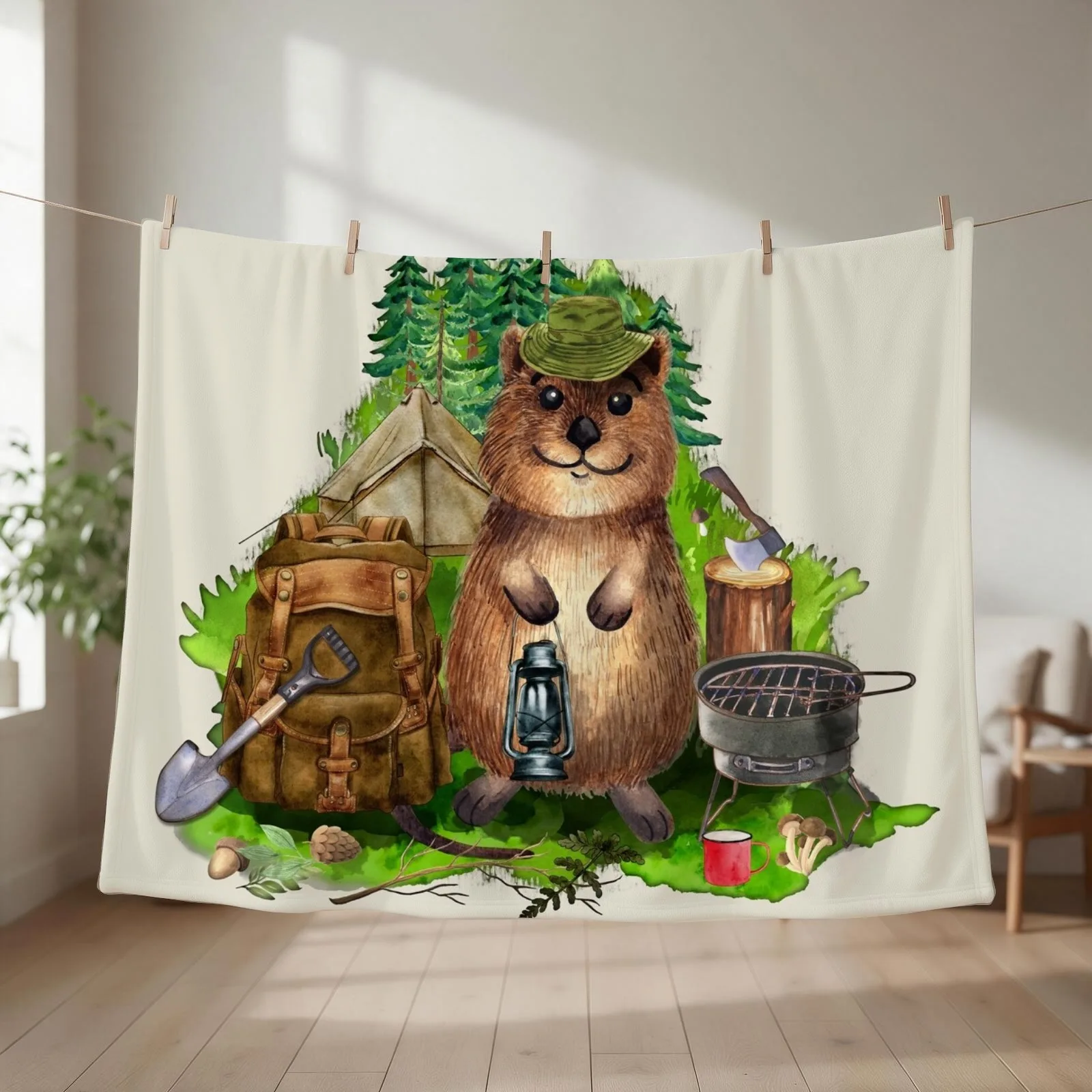 Happy Quokka Camping is happiness Throw Blanket couch cozy soft plush fuzzy picnic outdoor blanket
