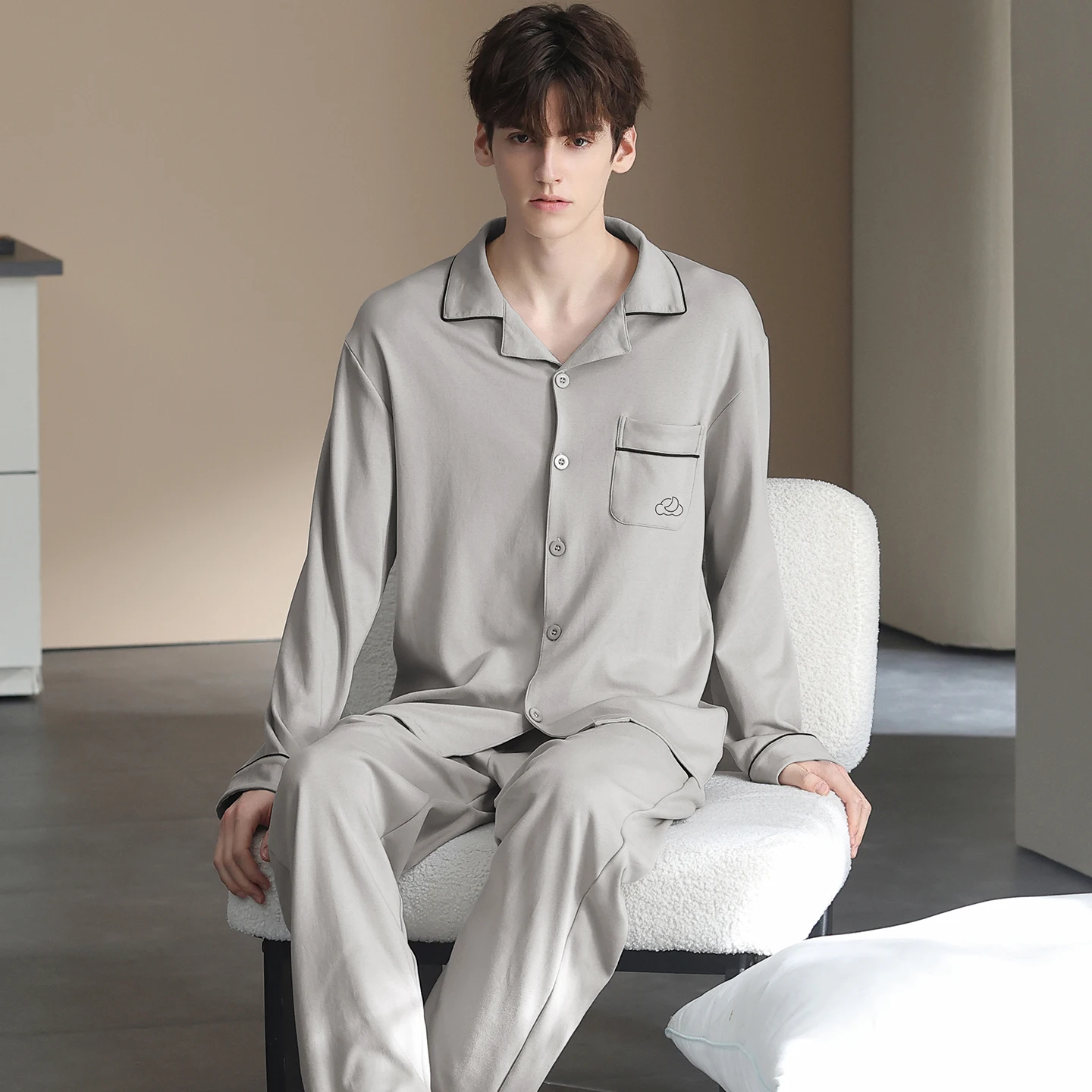 Men Pajamas Set Spring Long Sleeve Lapel Casual Tracksuit Sleepshirt + Long Pants 2pc Pyjamas Male 4XL 5XL 6XL 7XL Pijama Hombre