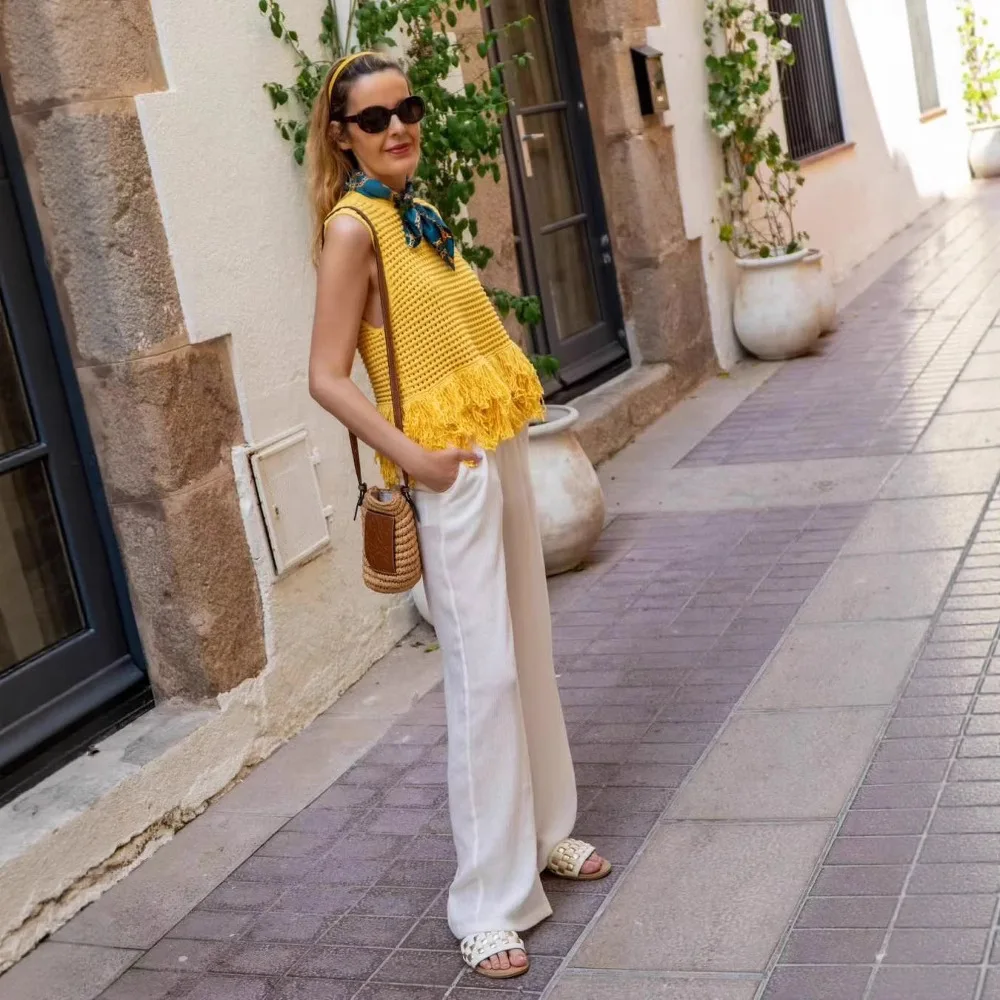 PRINTKAOIR Fashion Tassels Patchwork Tube Tops For Women Round Neck Sleeveless Knitted Short Vest Female Summer In Chic Tank Top