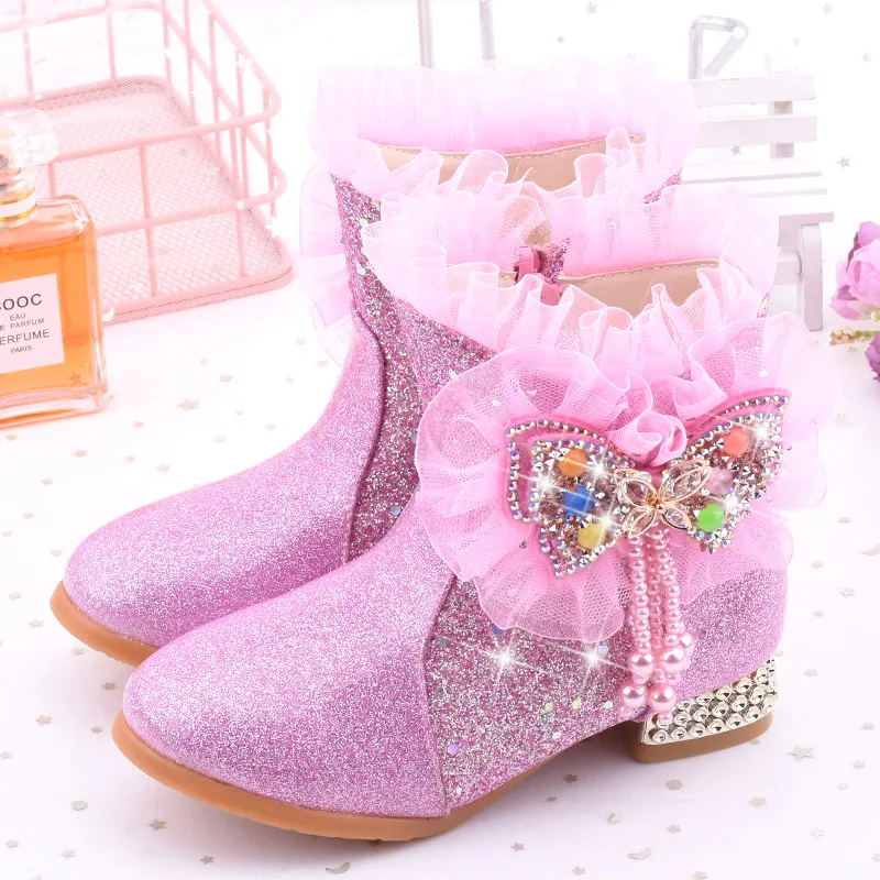 2025 New Fashion Sequins Rhinestone Bow Girls Ankle Booties Winter Warm Children's Snow Boots Mid-tube Kids Princess High Heels