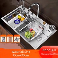 Nano 304 Stainless Steel Sink Waterfall Large Single Slot Kitchen Sink Vegetable Sink Stainless Steel Sink Household Sink