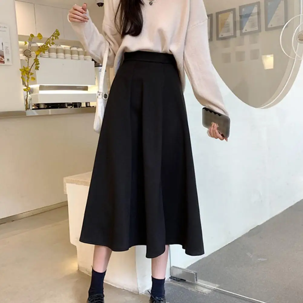 Breathable Skirt High-waist Skirt Elegant High Waist A-line Skater Skirt for Office Ladies Solid Color Midi with Hem Stylish