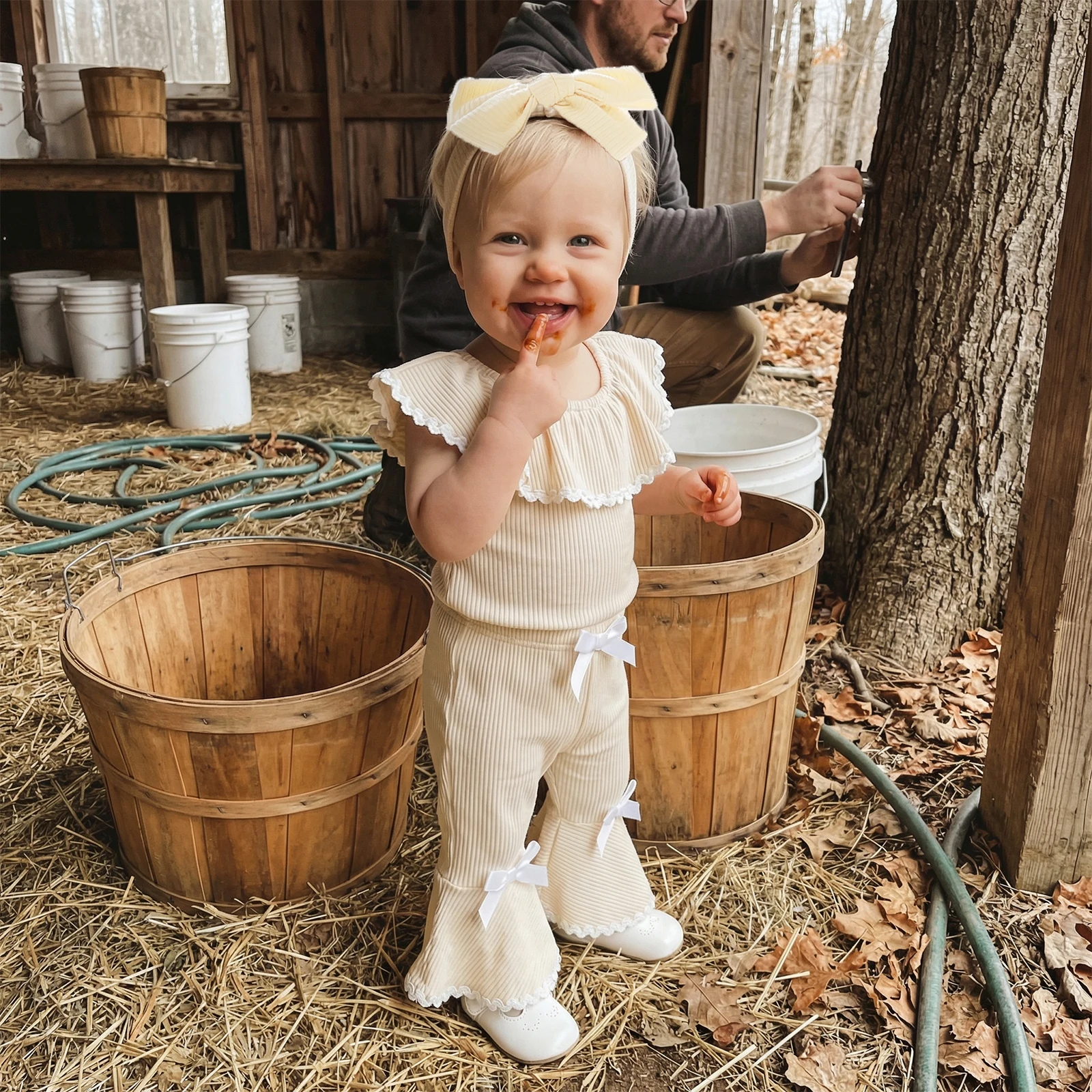 Baby Girl Summer Outfits Ric-Rac Ruffles Collar Sleeveless Ribbed Knit Romper Flare Pants Headband 3Pcs Clothes Set