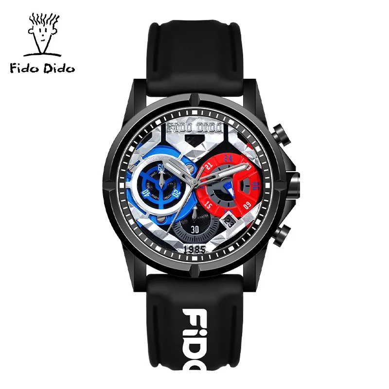 Fido Dido Couple Watch Silicone Strap 50M Waterproof Quartz Movement Skeleton 3 Subdials Sporty Fashion FD2344-918