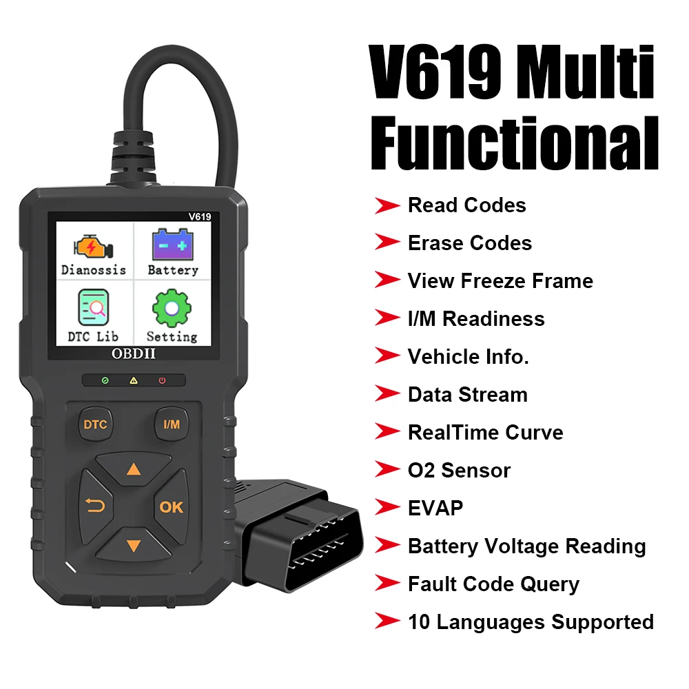 Code Reader OBD2 Scanner Multi-language Battery Tester Check Engine System Car Diagnostic Tool Clear/Erase Codes V619