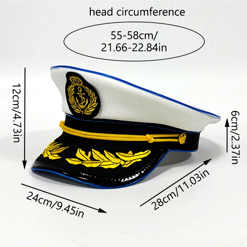 Chapeau militaire de capitaine de bateau de Yacht pour adulte, blé blanc, casquette de la marine lumineuse LED, robe de Cosplay pour fête de danse d'halloween, chapeau de Costume