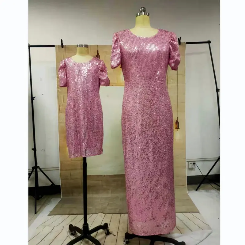 2022 New Mom And Daughter Wedding Pink Sequins Dresses Matching Outfits Set Family Look Short Sleeve Long Dress For Mommy And Me