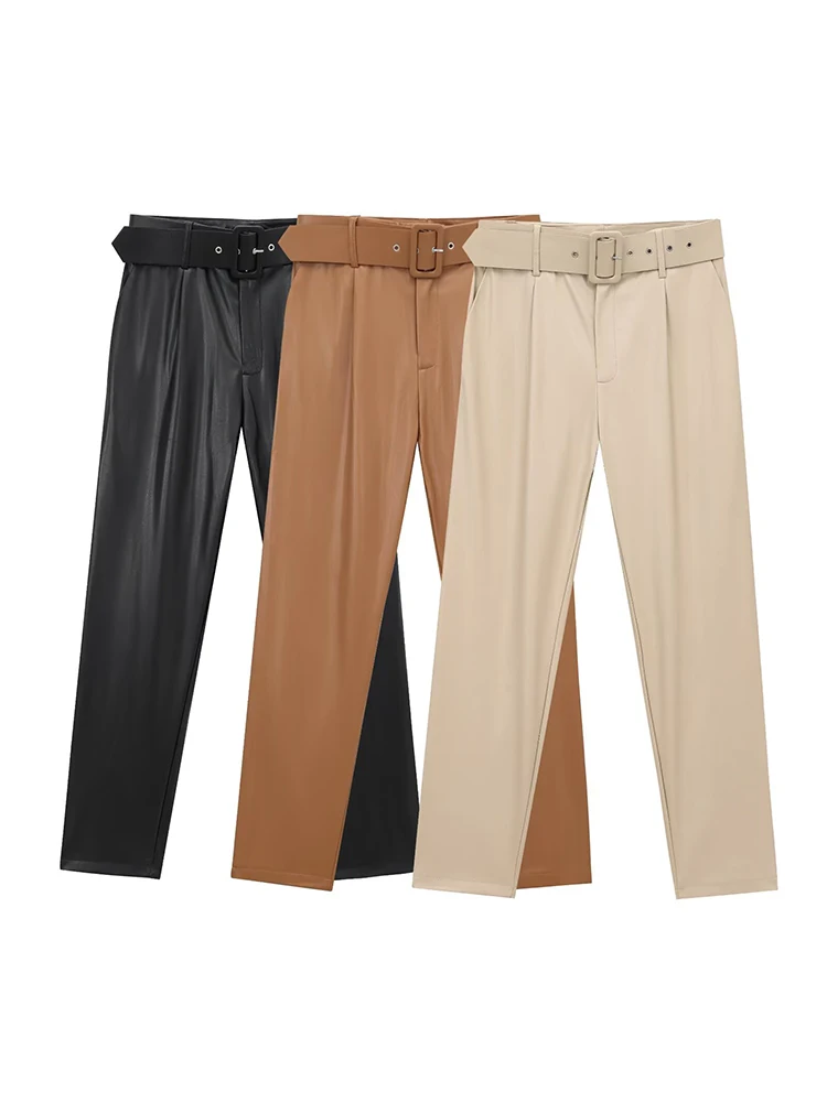 

Willshela Women Fashion With Belt PU Solid Front Zipper Straight Pants Vintage High Waist Full Length Female Chic Lady Trousers