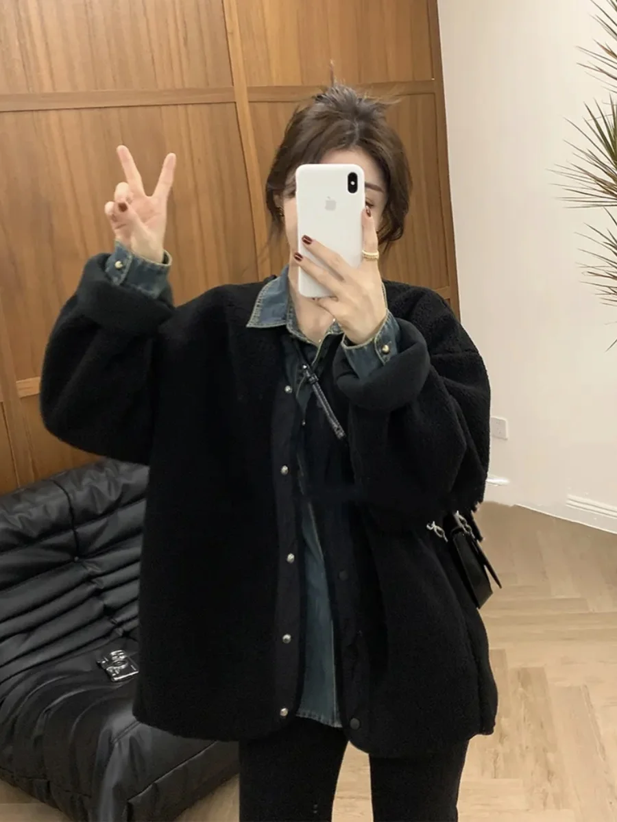 

Lamb Wool Jacket Woman Women With Fur Oversized Brown Fuzzy Plaid Waterproof Cowgirl Navy Cozy Contrast Detail Trendy Button Ins