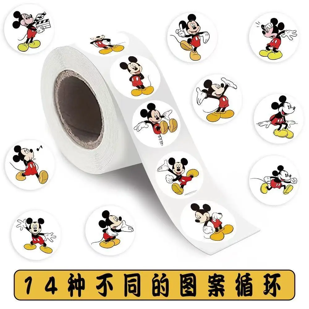 500 Uds./Rollo de Pegatinas de Mickey Mouse de Disney, Adhesivos Decorativos de PVC para Laptop, Regalos y Juguetes