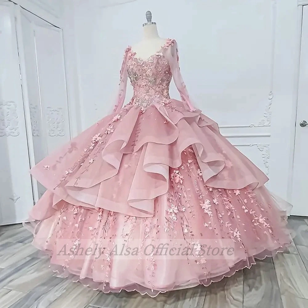 Customized Pink Long Sleeve Prom Dresses For 15 16 Year Old Girl Special Occasion Party Gown vestidos de 15 quinceañera 2024