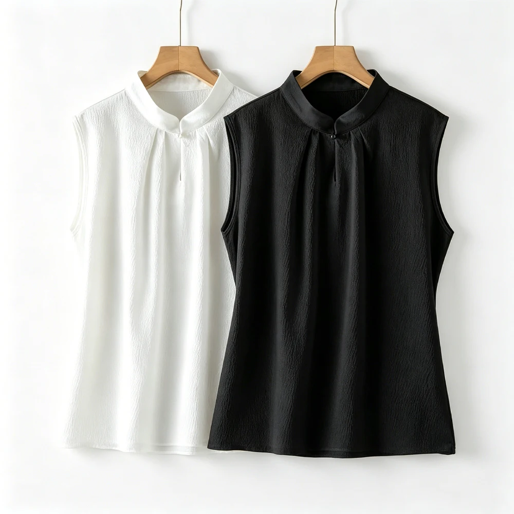 2026 Women's Casual Summer New 100% Natural Mulberry Silk Pearl Satin Skin-friendly Breathable Stand Collar Versatile Vest