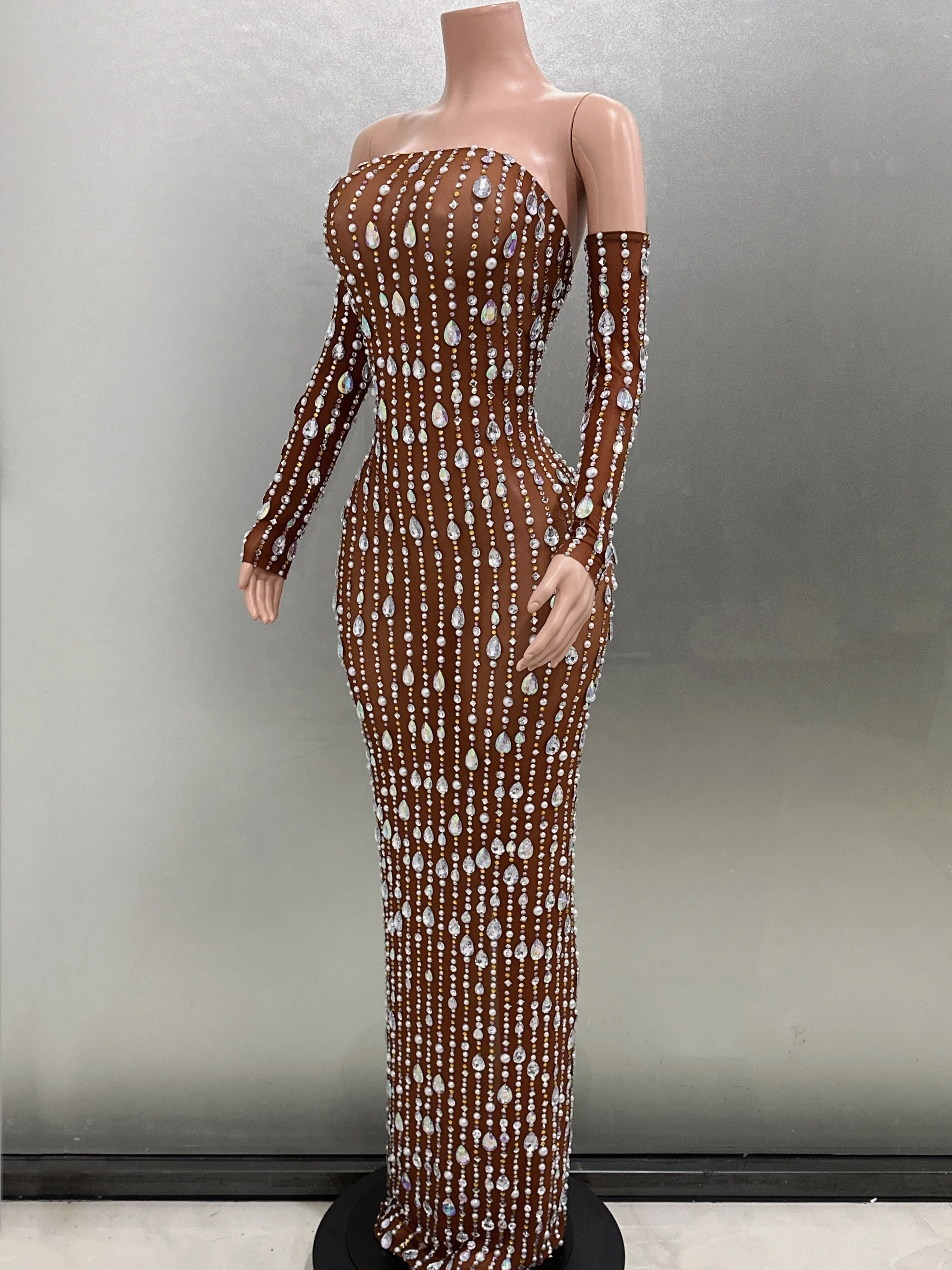 STOCK Darkmesh See Through Sexy Strapless Bodycon Long Dress Sparkly Crystal Celebrate Birthday Party Evening Dress