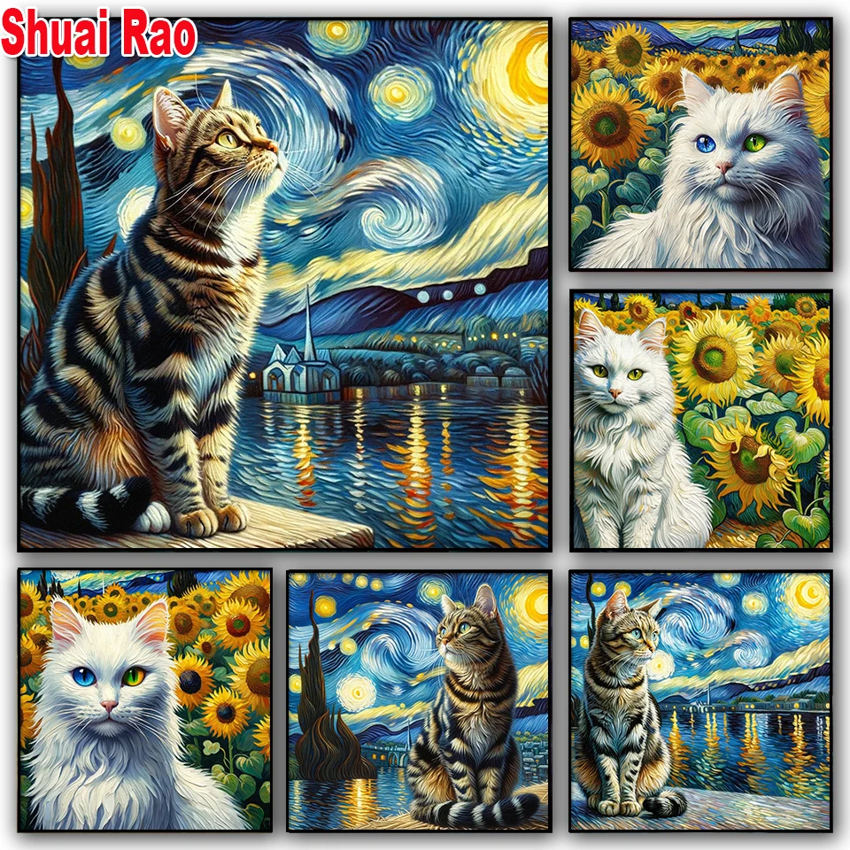 Van Gogh the Seine River Cat Diamond painting 5d diy handmade embroidery kit full square/round drill Sunflower Cats home decor