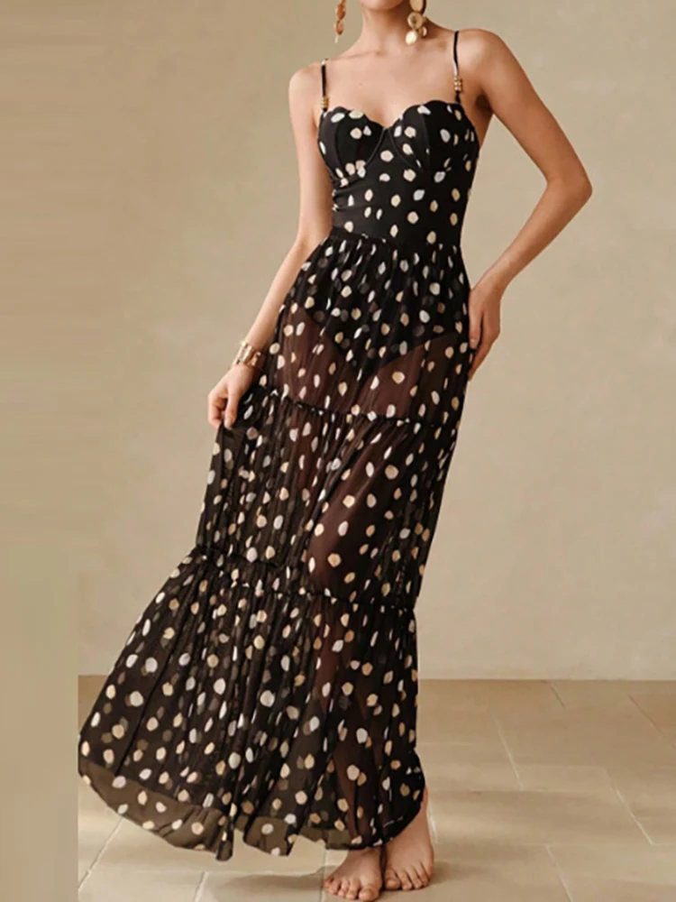 

Женский модный комплект с точечным принтом: элегантный купальник-бикини с высокой талией, облегающая длинная юбка, сексуальный боди без рукавов с открытыми плечами и комплект с юбкой