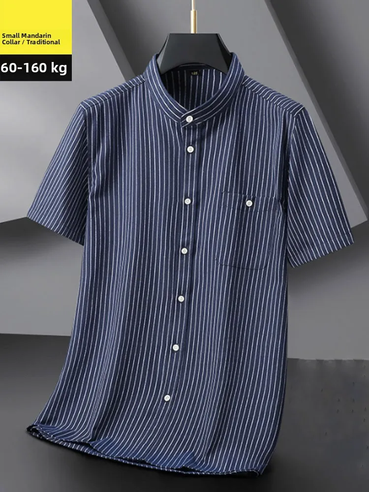 

New Chinese Sle Men's Casual Ox Cloth irt ort Sve Slim Fit plus Size Striped Pattern Stand Collar Summer Thin irt