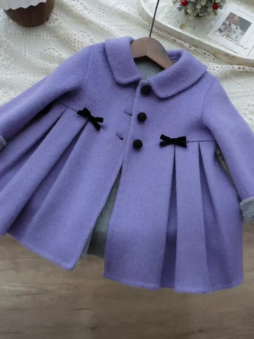 

2-7 Years Kids Girls Woolen Coat Autumn/Winter New Purple Bow Square Collar pleated Coat Children Sweet Overcoat 90-140CM