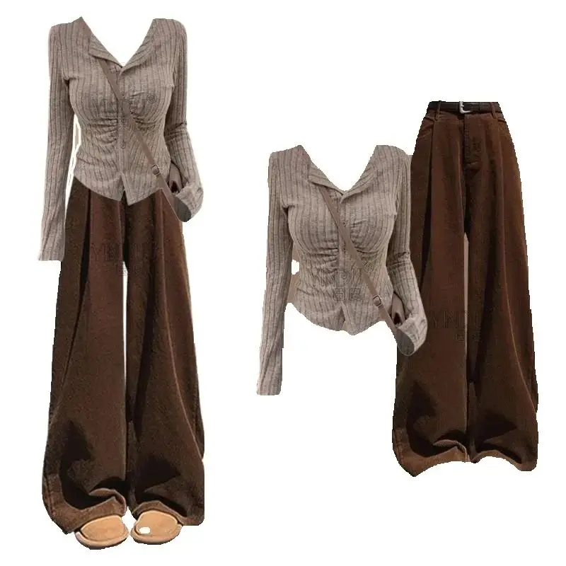 

Autumn Women Suits New Solid Color V Neck Long Sleeves Top+Long Pants Casual Two Pieces Sets