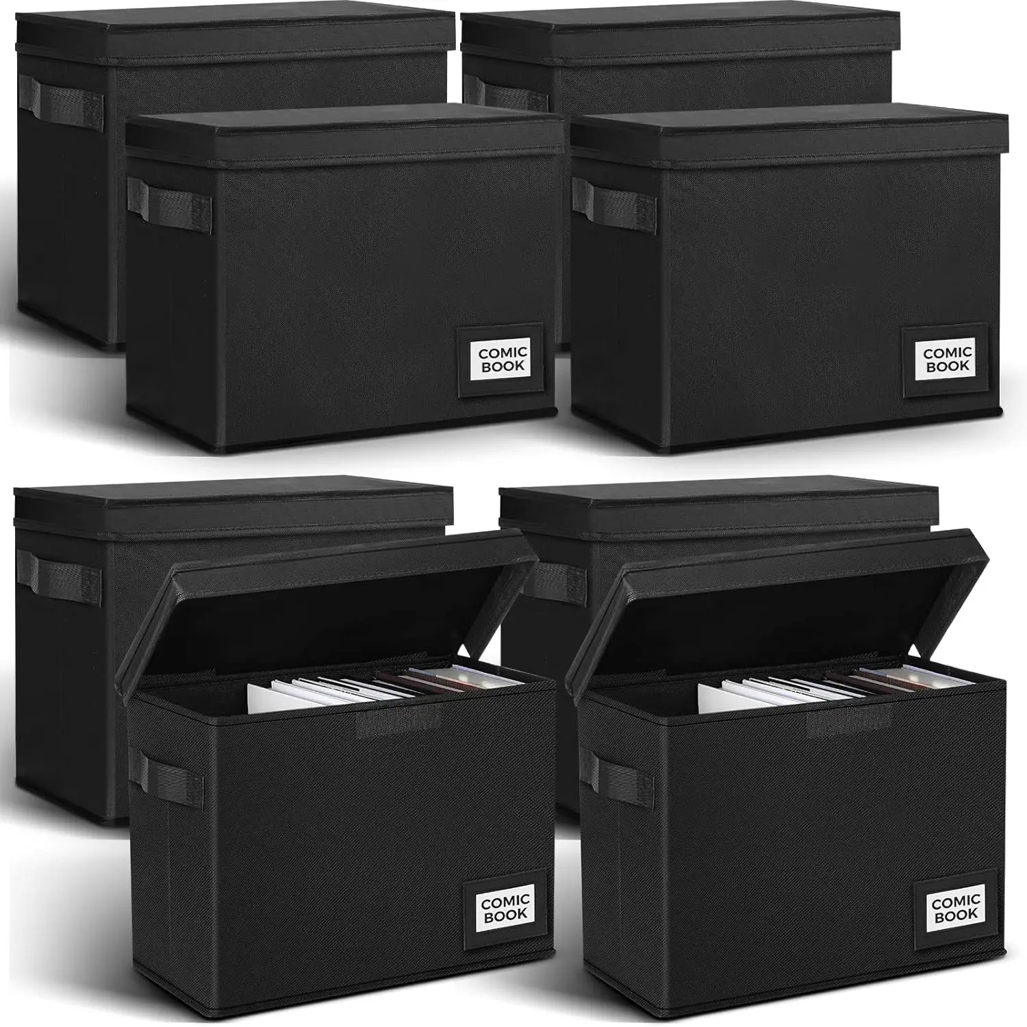 

8 Pack Comic Book Storage Boxes, 15.4" x 7.5" x 11.4" Collapsible with Handles, Stackable Short Bin Holds 150-180 Comics