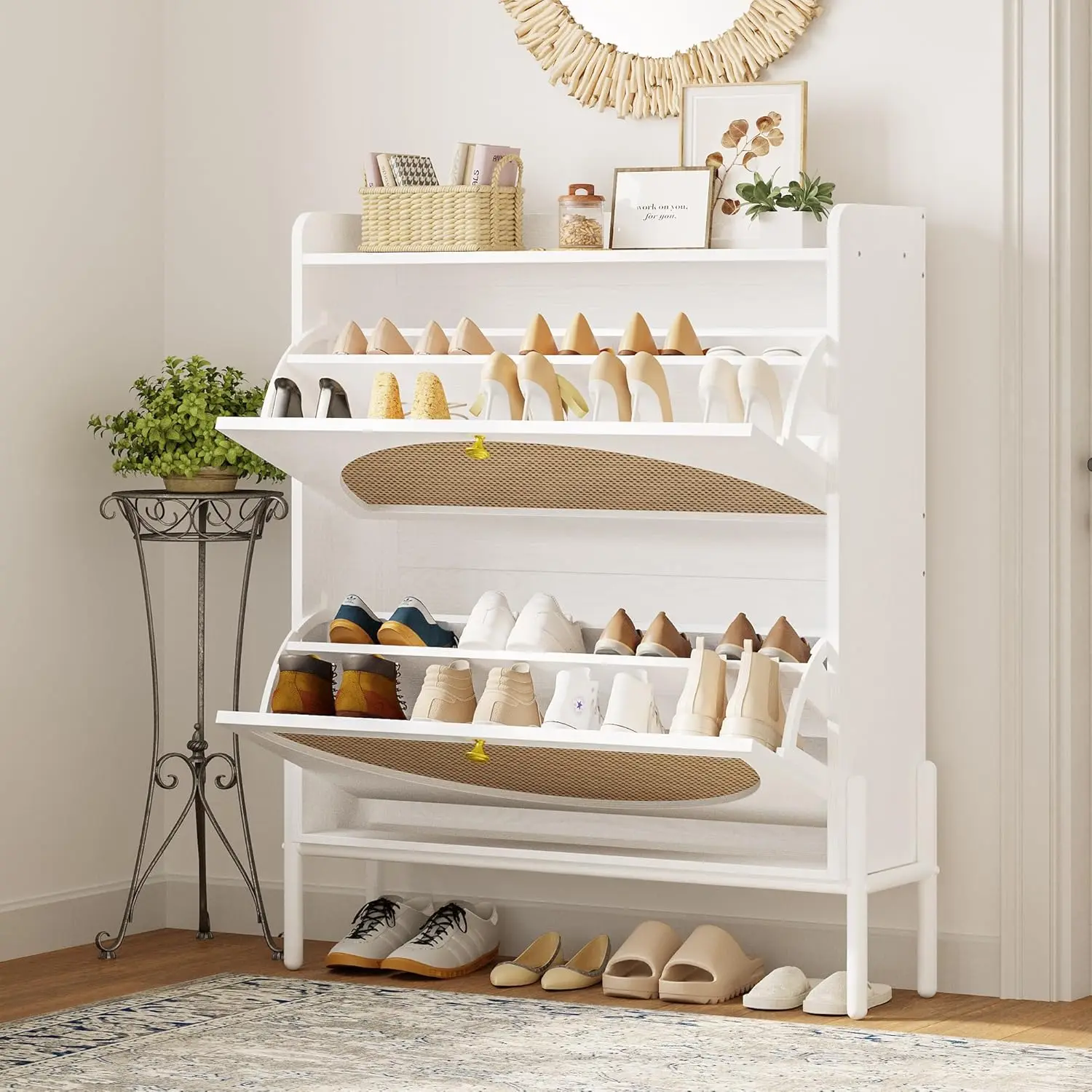 Shoe Cabinet Storage With 2 Flip Drawers, Free Standing Wooden Shoe Storage Organizer Cabinet With Rattan Doors For Entryway,