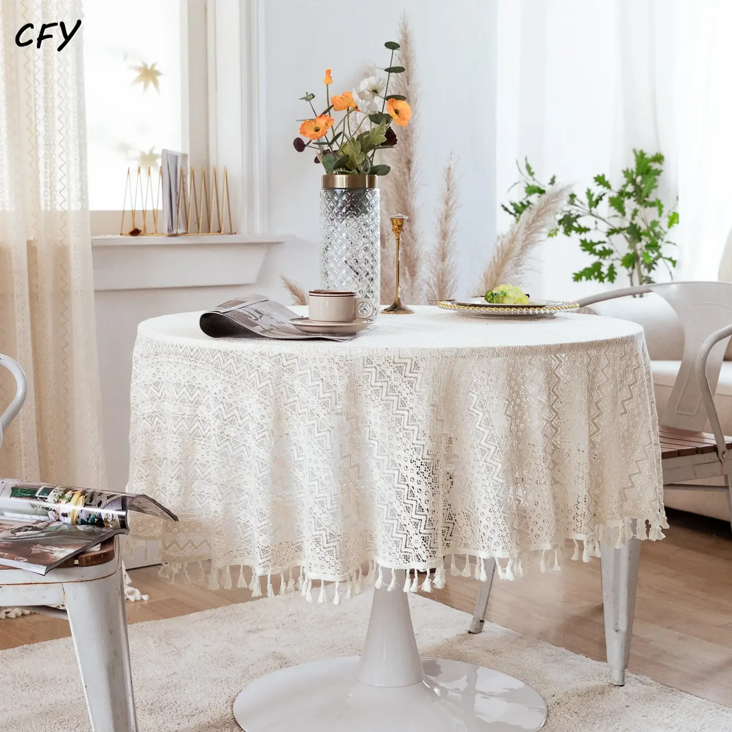 

American Pastoral Crochet Tassel Round Tablecloth Beige Hollow Tablecloth Shooting Background Table Cover Round Table Cloth