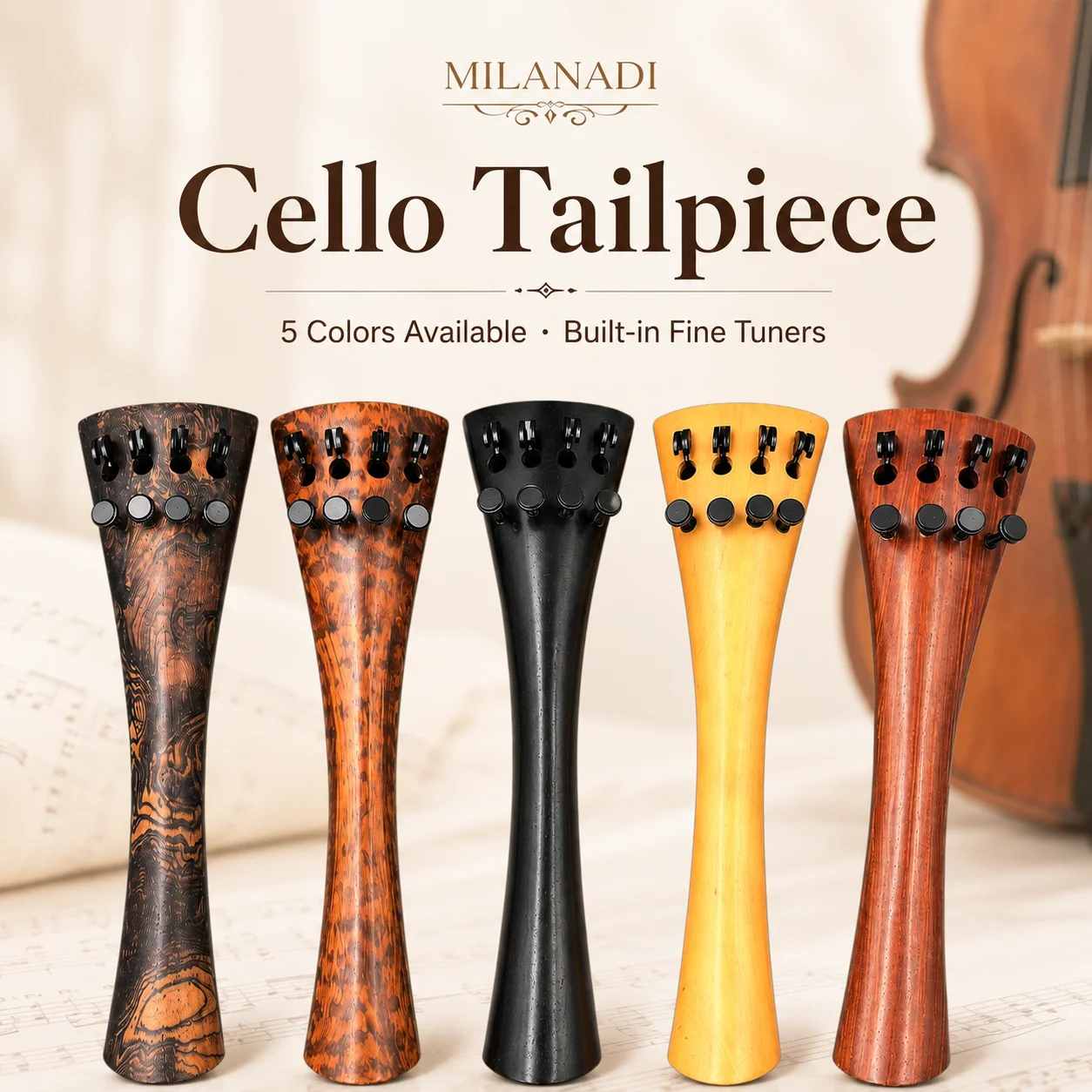 Hand-made 4/4 Cello Accessories Parts Fittings, Ebony/Rosewood/Ox Horn Wood/Snakewood/Boxwood Tailpiece & Fine Tuners