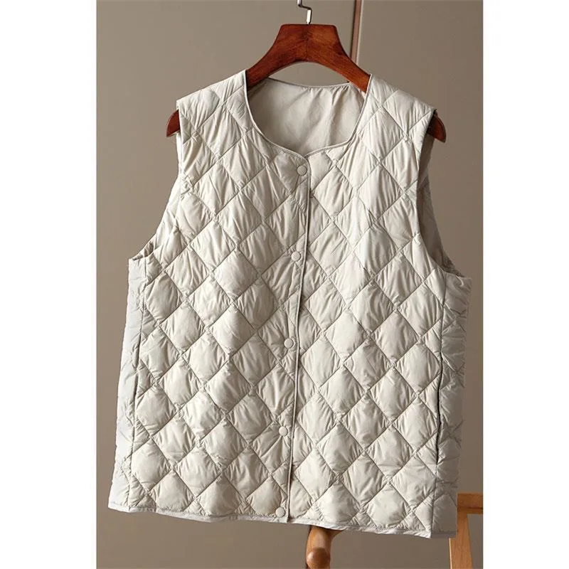 2025 Autumn Winter Warm Lingge Down Waistcoat Jacket Women Ultra Light White Duck Down Vest Female Sleeveless Short Tank Coat
