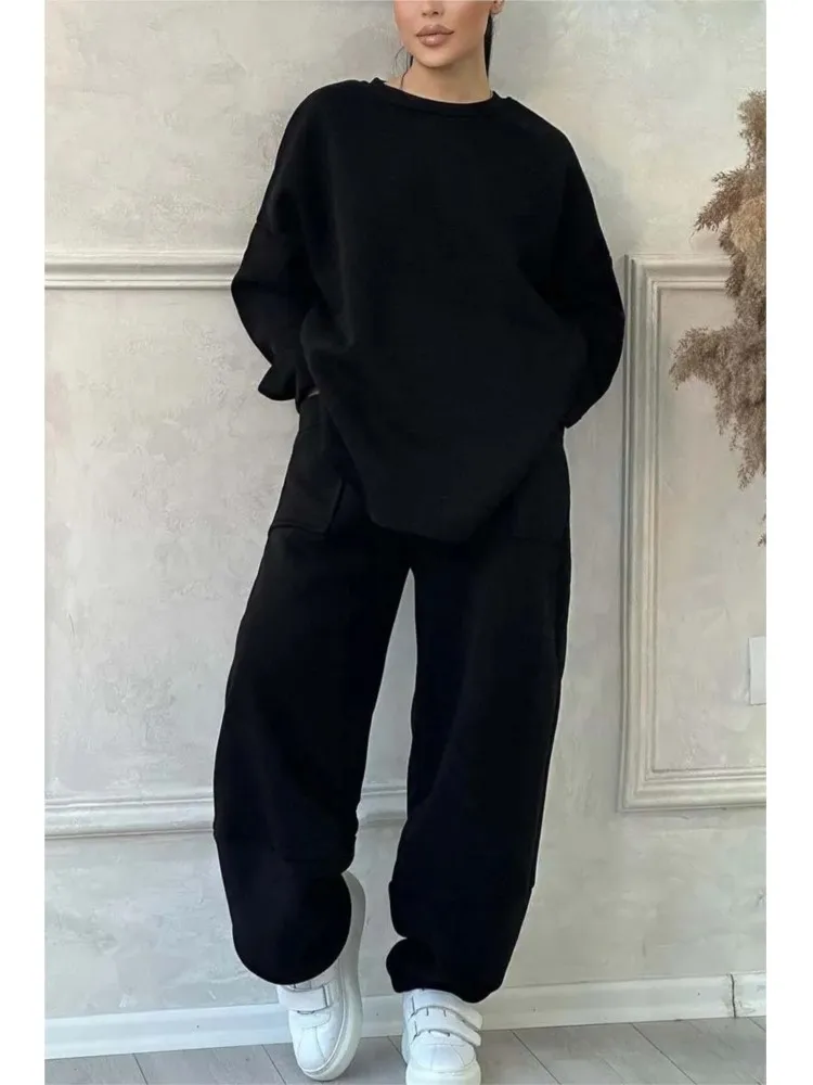 Autumn Winter Casual Loose Sweatshirt 2-piece Sets New Women\'s Round Neck Long-sleeved Pocket trousers Sports Two-piece Suit