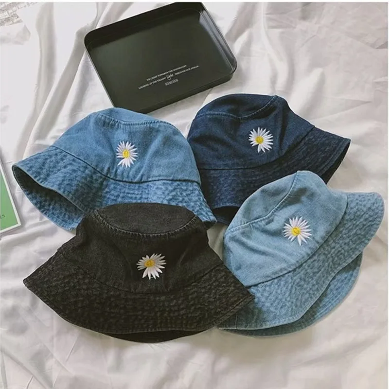 New INS Korean Daisy Embroidery Bucket Hat Women Men Panama Summer Sun Hat Fashion Flower Bob Washed Denim Basin Cap Wholesale