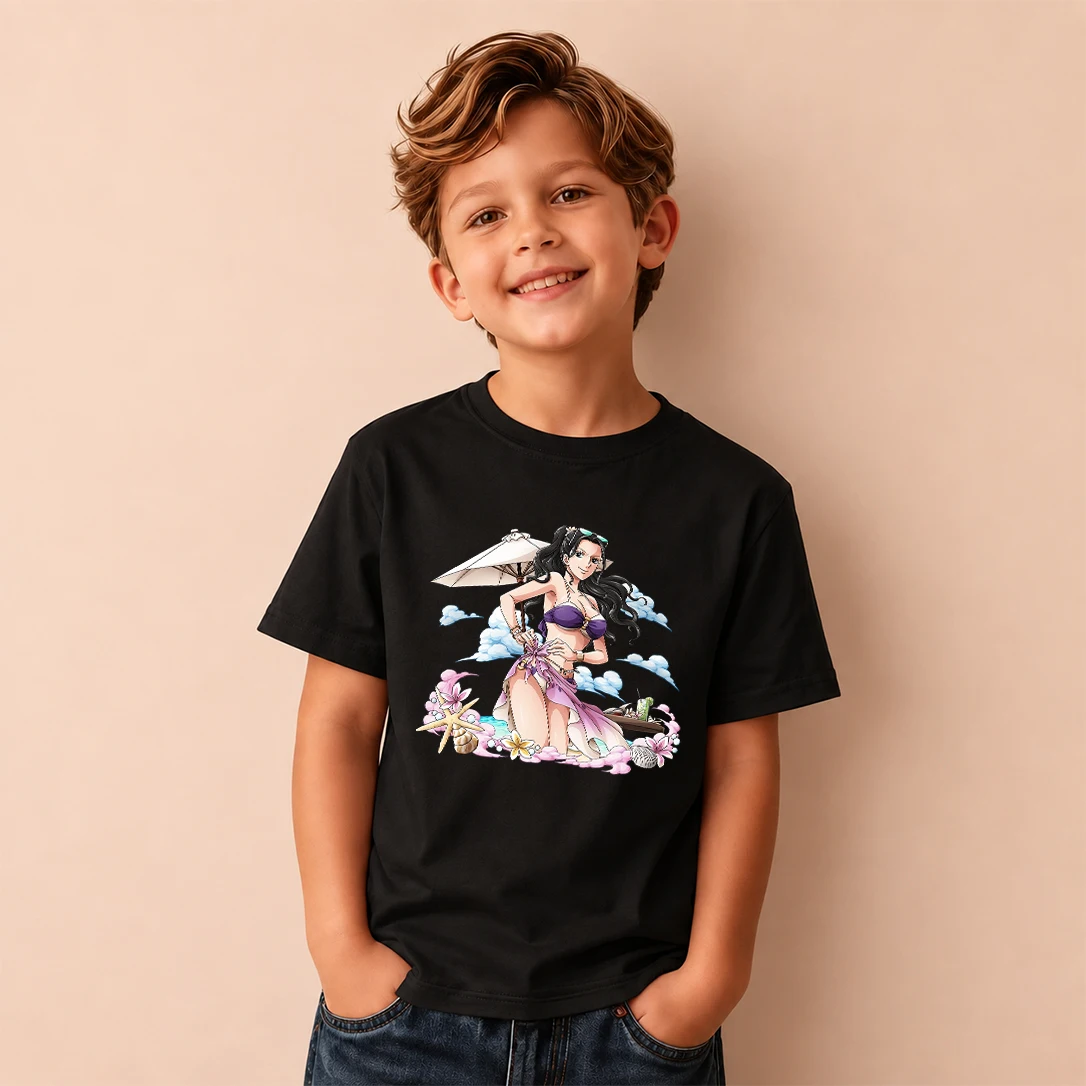 Kids T‑Shirt One Piece Nico Robin Beach Vacation Print Short Sleeve Casual Tops Boys Girls Anime Children Daily Wear Tees