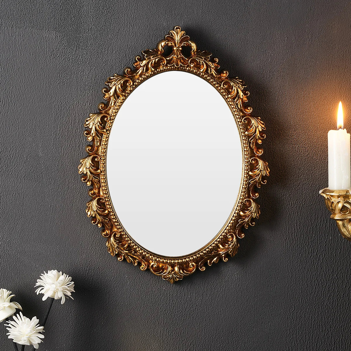 1 peça, material de resina, decoração de parede oval dourada, espelho pendurado para decoração de quarto, adequado para decoração de parede de quarto