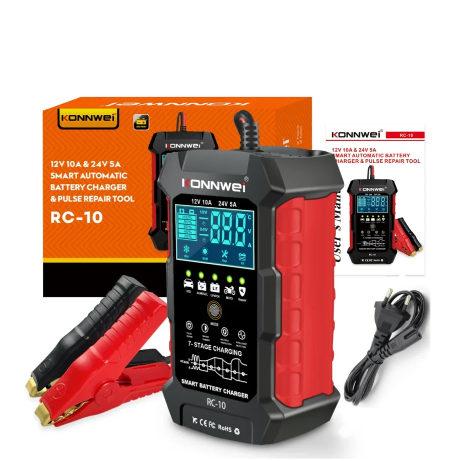 RC10 7-Stage Pulse Repair Battery Charger 12V 10A 24V 5A Smart Fully Automatic Maintainer for Car Truck Motorcycle Boat