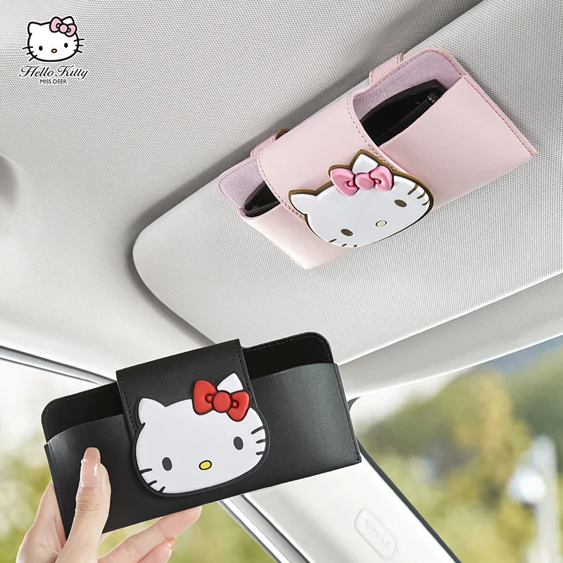 Kawaii Car Glasses Case Glasses Clip Car Sun Visor Sunglasses Storage Box Bill Storage Box Cartoon Hello Kitty Car Accessories