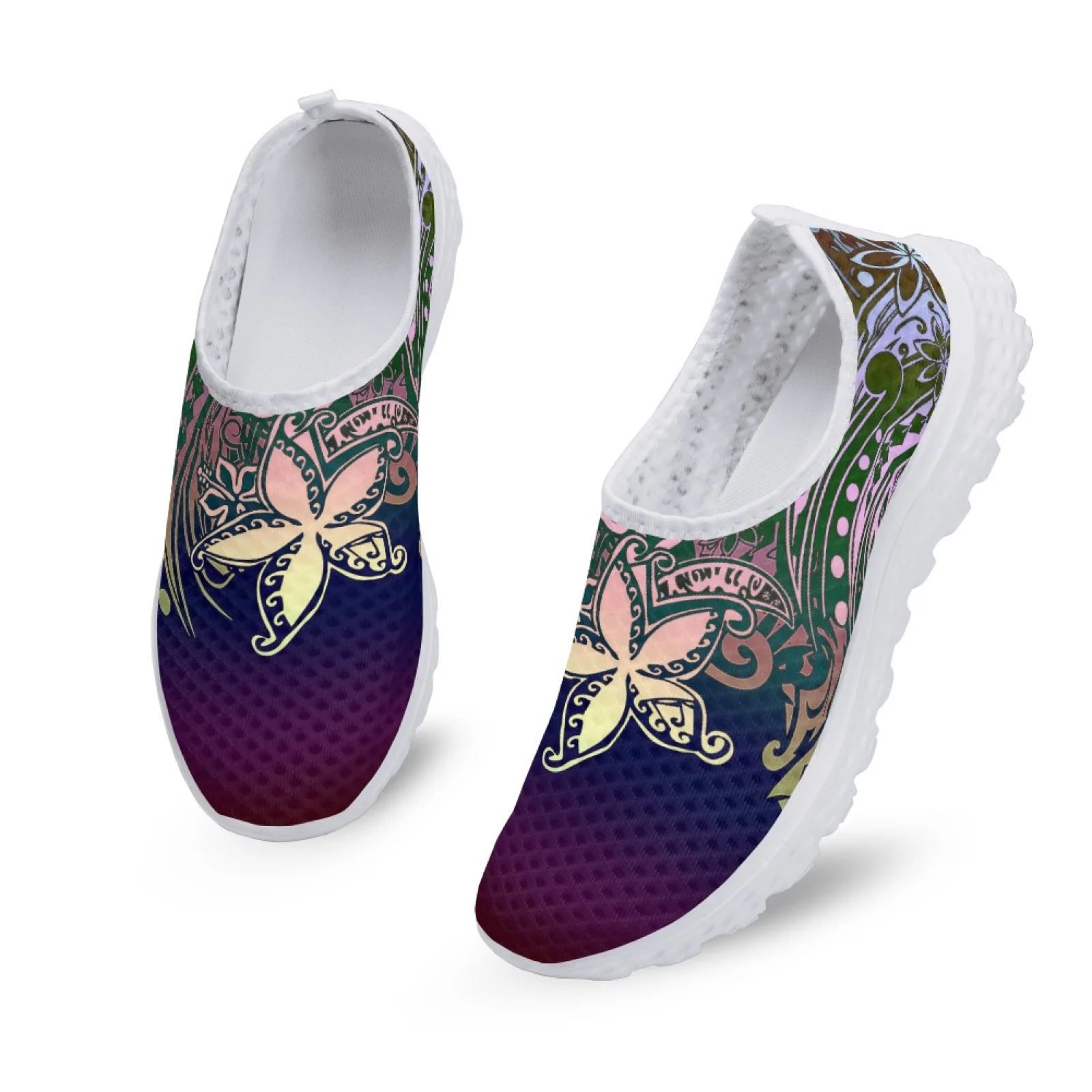 Mocassins de malha casuais femininos, sapatilhas rasas de estampas tribais de pluméria polinésia, tênis leves de deslizamento, verão fresco