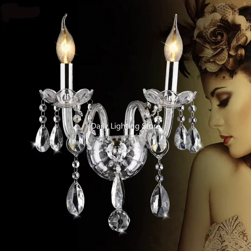 

Crystal Wall Lamp European Crystal E14 Candle Wall Light 2 Heads Bedroom Living Room Passage Home Lustre Fixtures 2 PCS