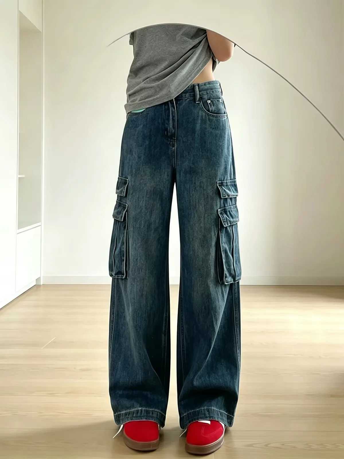 American Retro Workwear Wide Leg Denim Jeans Women's Autumn 2026 New High School Students Long Pants with Big Pockets