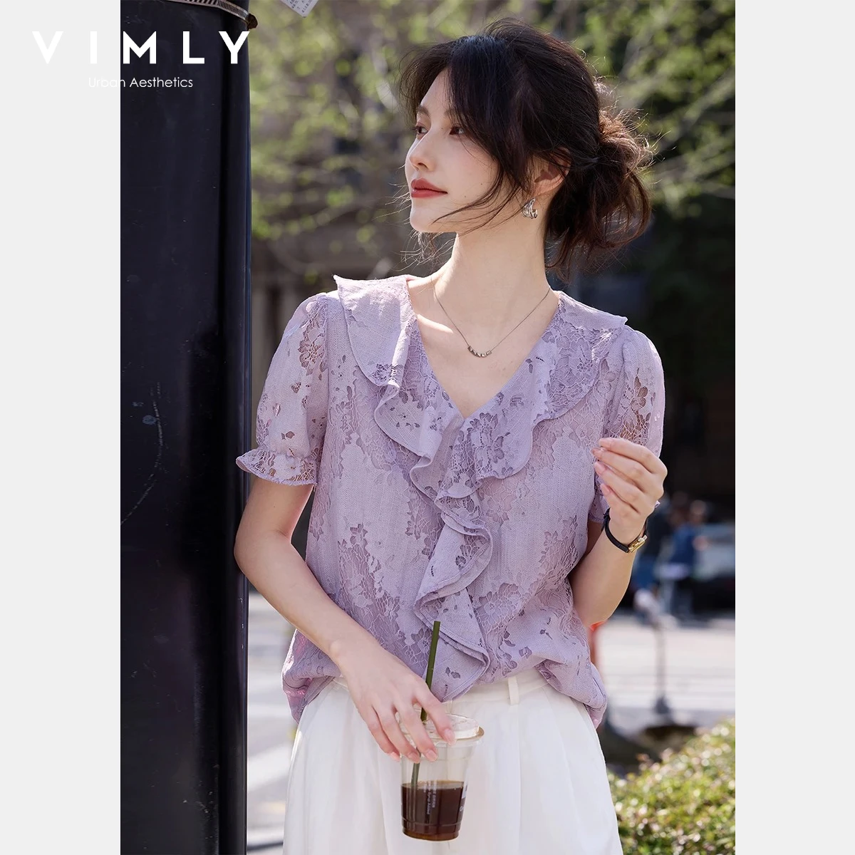 

VIMLY Women's Light Purple Lace Shirt French Gentle Summer 2026 New Ruffle Puff Short Sleeve Elegant Top Casual Wear A6652