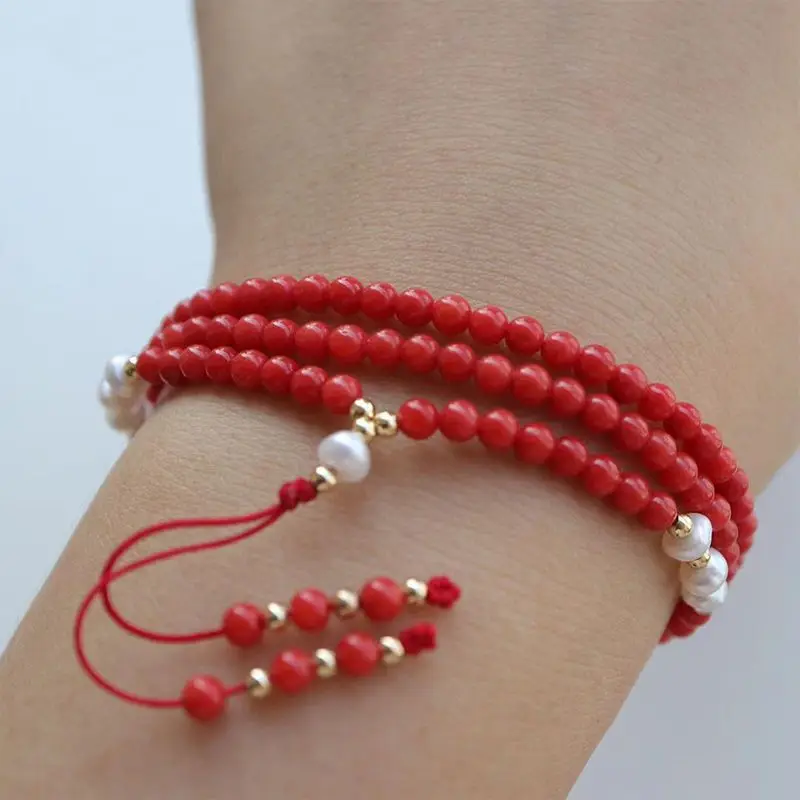 Natural 5 MM red coral 108 necklace freshwater pearl bracelet Women Office Wear Link Men Eco-Friendly Jewelry Lovers Chain