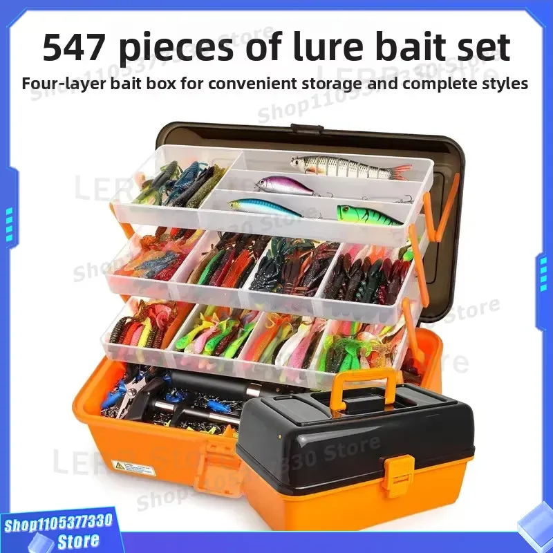 547pcs Fishing Tackle Box Set with Orange Soft Bait Lure and Lead Head Hook Four Layer Outdoor Accessories for Large Luya
