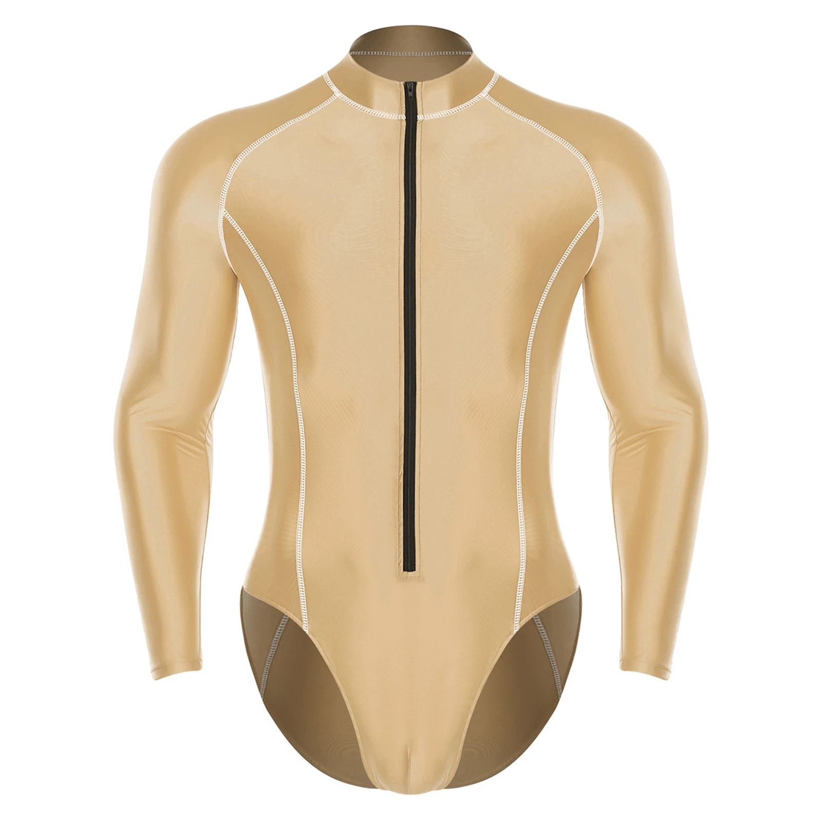Herren-Badeanzug mit Glanzoptik, Rash Guard Schwimmanzug mit Langen Ärmeln, Frontreißverschluss, Hochgeschnittener Leotard-Jumpsuit für Surfen und Schwimmen – Detail 15