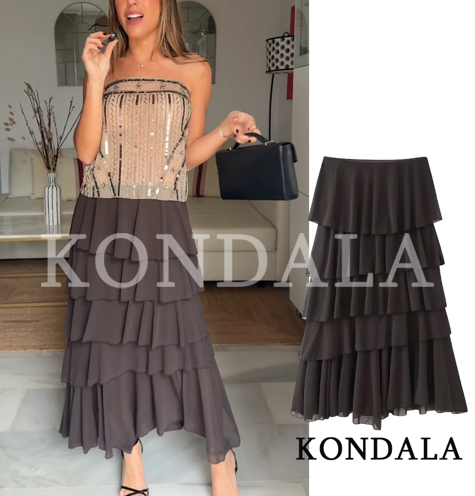 KONDALA Vintage Tiered Ruffled Skirt Women's Trendy Holidays Midi Skirts New 2026 Spring Summer Fashion High Street Lady Skirts
