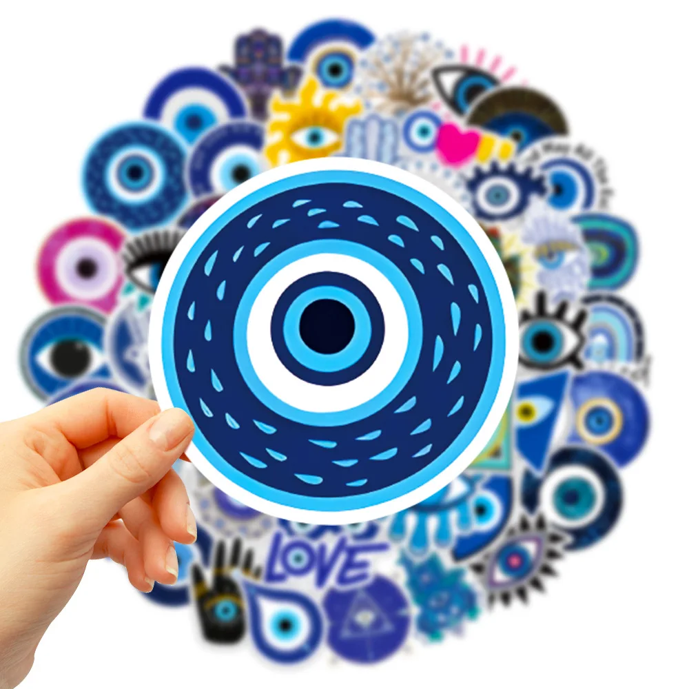 50pcs Blue Evil Eye Series Graffiti Stickers Suitable for Helmet Desktop Wall Decoration DIY Sticker Pack with Storage Box