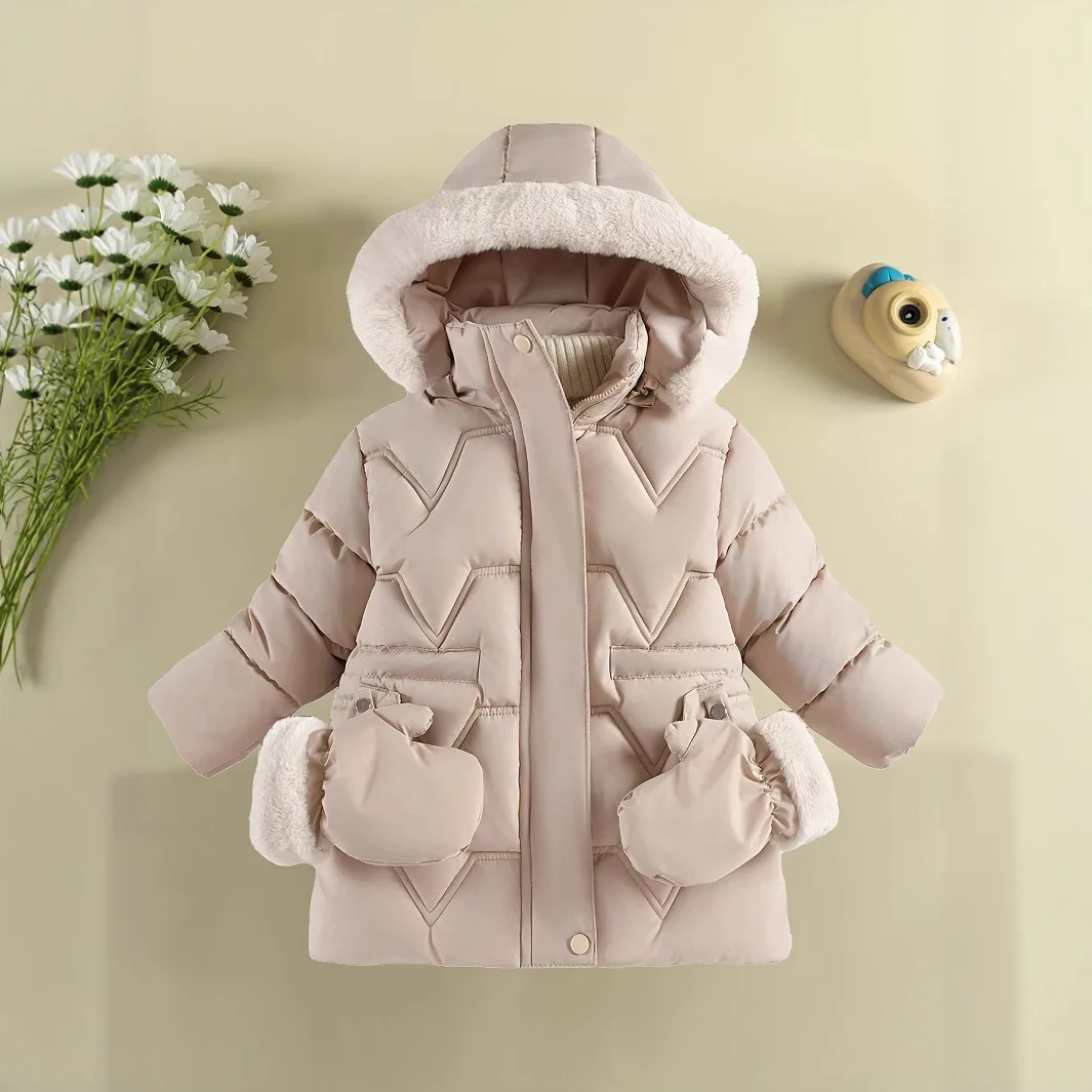 Girls Mid-Length Solid Color Padded Coat – Fleece Lined Winter Outerwear for Toddlers & Little Kids Winter Coat