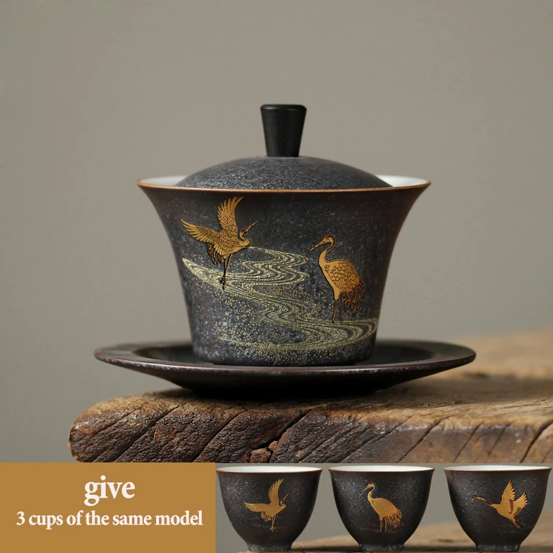 Handmade Ceramic Kung Fu Tea Set, Golden Crane Cover Bowl, Tea Cup, XH042