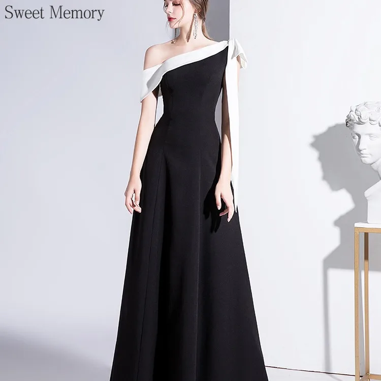 Vestidos de noche formales para mujer, vestidos elegantes de memoria dulce, blanco y negro para dama, vestido de fiesta de graduación Sexy para niñas, un hombro, S119