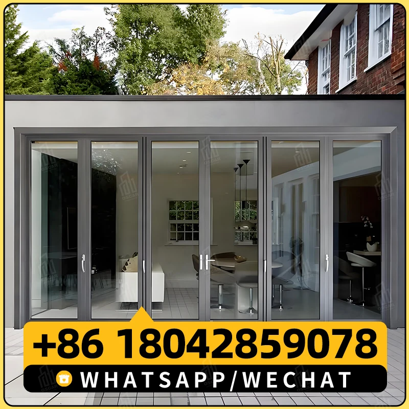 Puerta plegable de aluminio OEM, puertas plegables multitraccia personalizadas exteriores, puertas de vidrio para casa