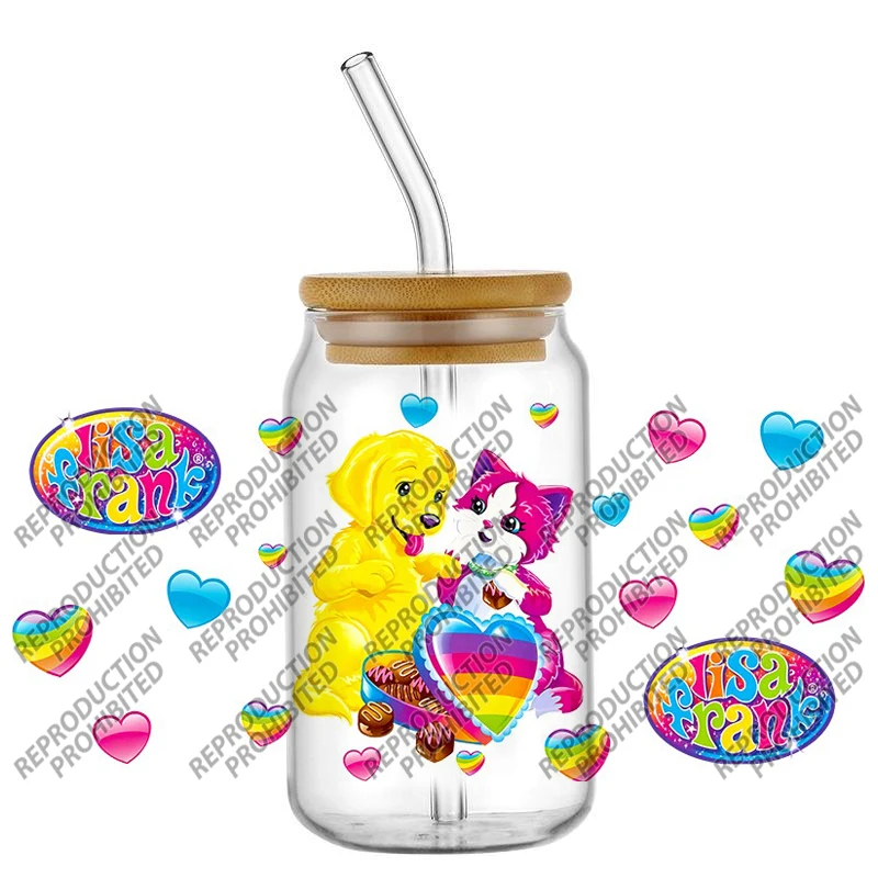 Popular cartoon Lisa Frank 16oz UV DTF 3D Transfers Sticker High Quality cup Wraps For Glass Can Cup Craft DIY Gift Creative