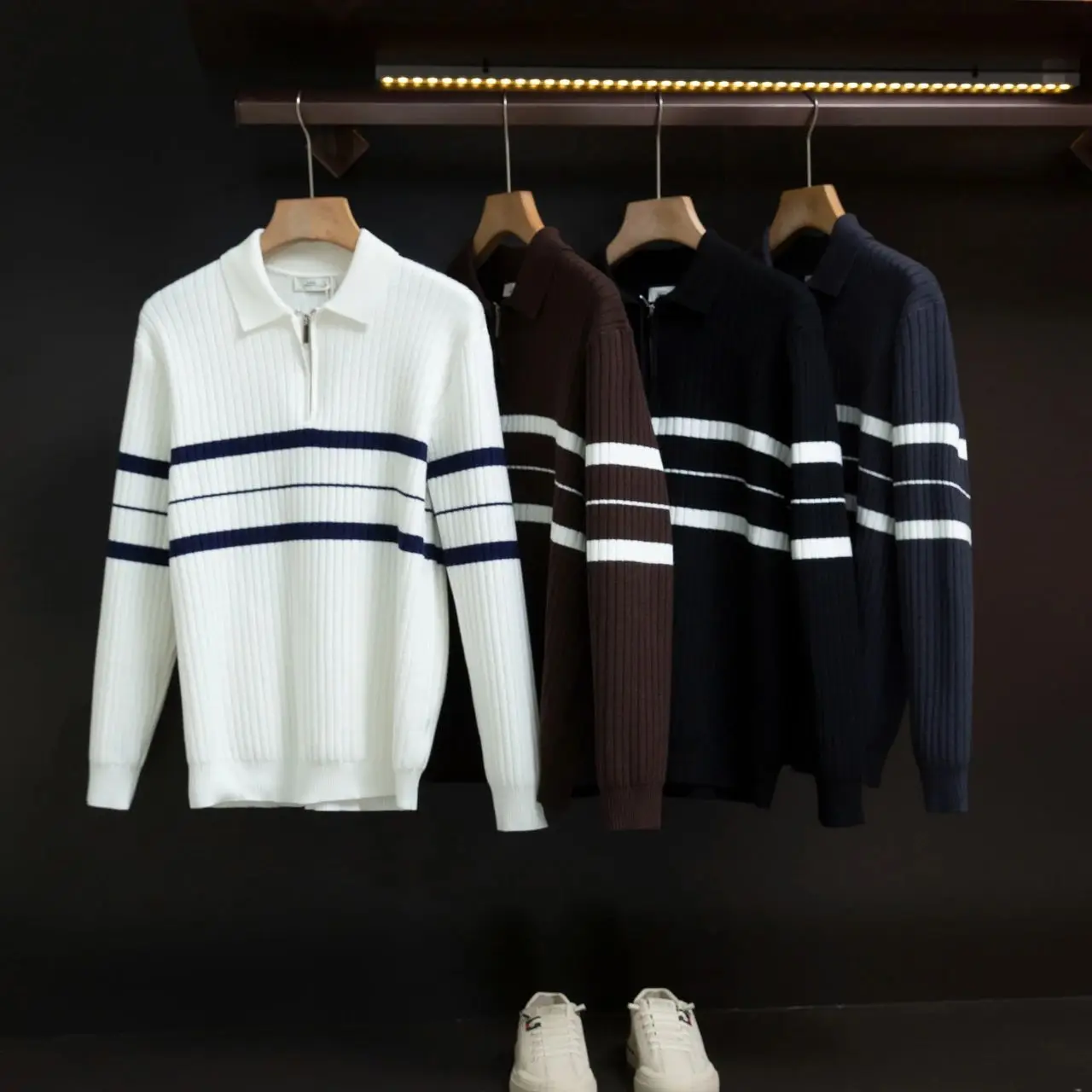 

Повседневный полосатый вязаный свитер на молнии, цветная блузка Lazy Sle irt, модный, универсальный, осенне-зимний, Новое поступление, мужские ...